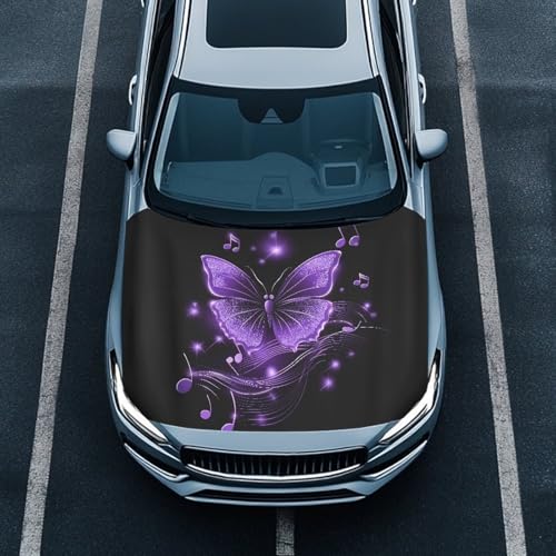 Image of Car Hood Cover Protector,Easy to Clean Polyester Breathable Print Polyester Hood Covers for Cars,Decoration Universal Car Accessories Purple Butterfly Pattern Design