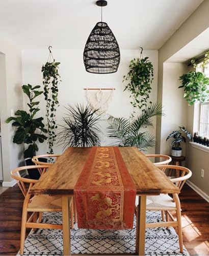 Image of Decorative Handmade Silk Table Runner Golen Brocade Dinning Table & Centre Table Top Decor Rectangular Runners Bed Runners Table Cloth for Wedding (152 X 40 CM ) (Orange Elephant)