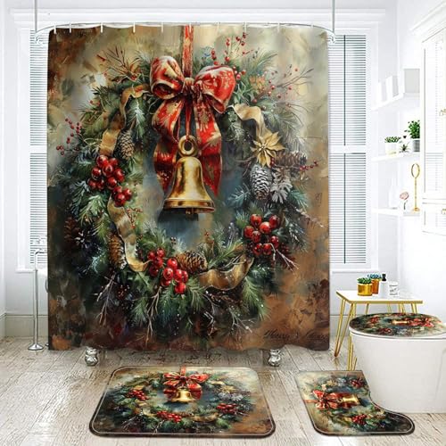YMTZJYQ Christmas Shower Curtains Bathroom Decorations Sets, 4 PCS Cute Snowman Bathtub Decor with Curtain Bath Rugs Mats Toilet Seat Cover, Xmas Theme Room Décor