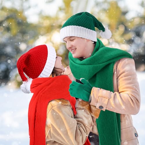 Panitay 2 Sets Christmas Beanie Hat Scarf Gloves Winter Warm Sets Include 2 Pcs Knitted Scarf 2 Pairs Touch Screen Santa Gloves 2 Pcs Hats for Women Men Xmas Party 6