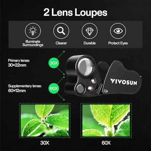 VIVOSUN 30X 60X Illuminated Jewelers Loupe Foldable Magnifier with LED Light for Jewelry Gems Watches Coins Stamps Antiques Black - Thumbnail 5