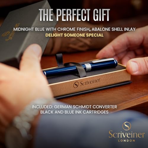 Image of Scriveiner Midnight Blue Fountain Pen - Stunning Luxury Pen with Chrome Appointments, Schmidt Nib (Fine), Best Pen Gift Set for Men & Women, Professional, Executive, Office, Nice Pens
