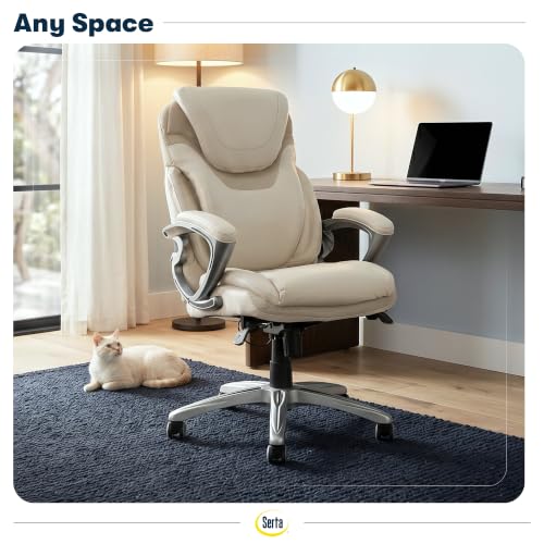 Image of Serta Bryce Executive Office Chair - Ergonomic Computer DeskChair with Lumbar Technology - Adjustable Height - Memory Foam Body Pillows - 360 Swivel Rolling Base - Bonded Leather - Cream