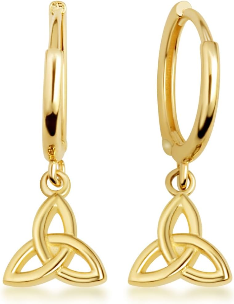 Women's 10K or 14K Yellow Gold Celtic Trinity Knot Drop Huggie Hoop Earrings