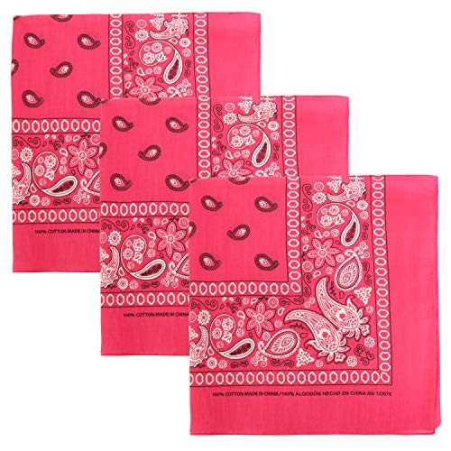 3 PK Cowboy Bandanas 100% Cotton 22 x 22 inch - Fuchsia