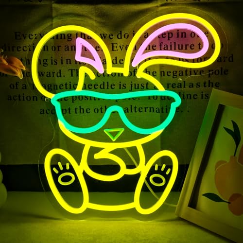 Image of Wearing Sunglasses Bunny Neon Sign, Rabbit Neon Bunny Dimmable Cute LED Neon Light for Animal Wall Bar Club Bedroom Windows Glass Hotel Decor, Room Neon Sign 13x12 inch