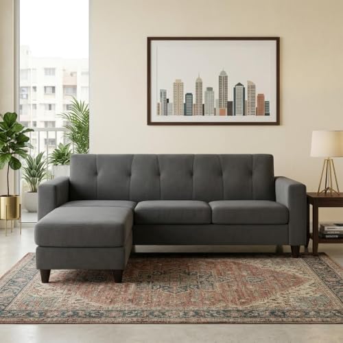 Image of Homeboy 4 Seater L Shape Sofa Set with Movable Ottoman | Flexible Left or Right Layout | Luxe Velvet Suede Fabric | Comfortable Seating | Modern Sofa for Living Room -Dark Grey Color