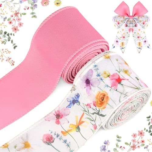 Bolsome 2 Rolls 20 Yards Floral Wired Edge Ribbon Spring Wildflowers Printed Burlap Ribbon for Gift Wrapping Bow Wreath Making for Birthday Wedding Craft Supplies (Pink)