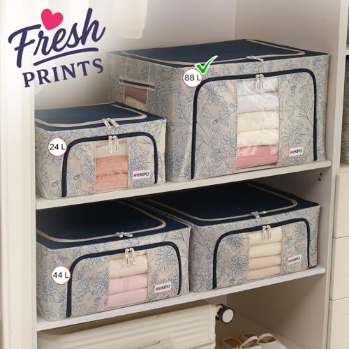Image of HOKIPO 88L(XL) 600D Oxford Fabric Cloth Organizer for Storage, Blue Blossom Pack of 2 (AR-6487-BLU*2)