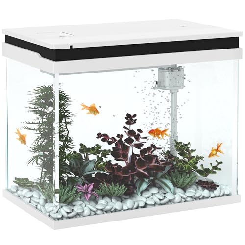 PawHut Aquarium 41L Einsteigerbecken mit LED-Beleuchtung, Eingebautem Filtersystem, Pumpe, 48 x 30 x 41 cm Glasbecken Fischbecken für Fische und Wasserpflanzen Weiß