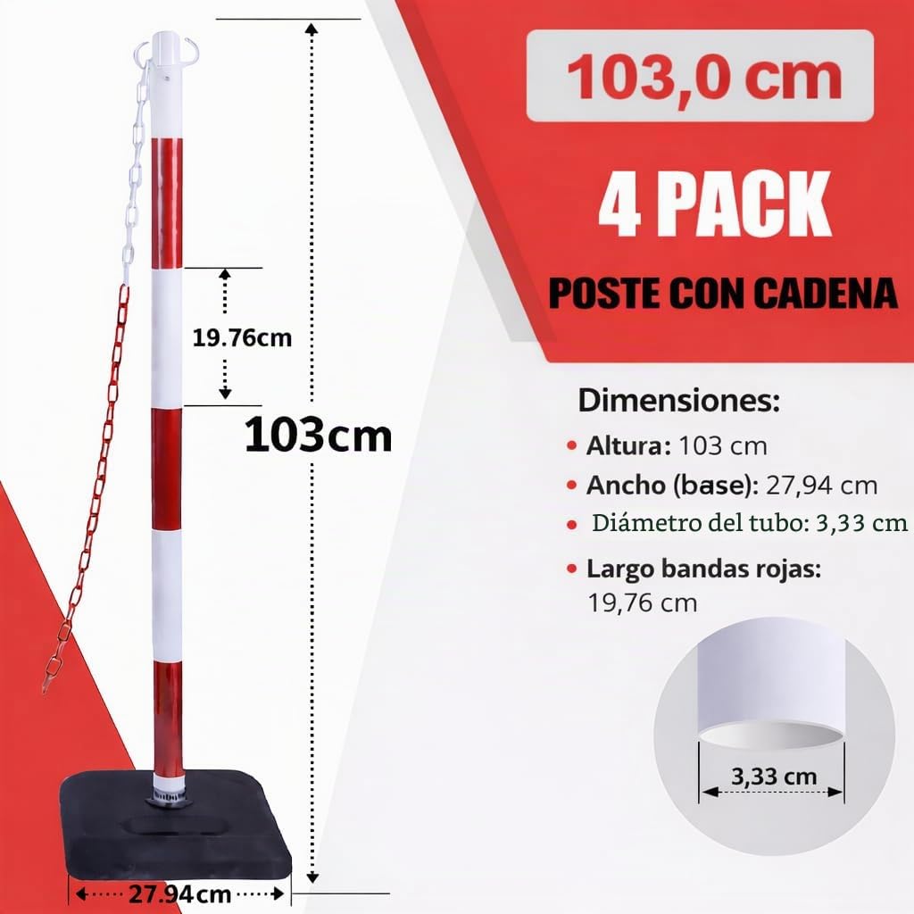 [ 4 piezas] Poste delimitador de tráfico 40 "/100 cm, poste de barrera con cadena atada de 20 FT/600 cm y base rellenable de arena y agua para estacionamiento, construcción de carreteras