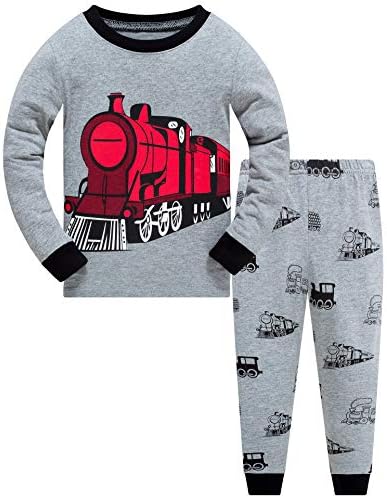 Akyzic Boys Pajamas Fire Train 100% Cotton Toddler Pjs 2 Piece Kids Sleepwear Clothes Set 2T-7T(Fire Train-6235 5T)