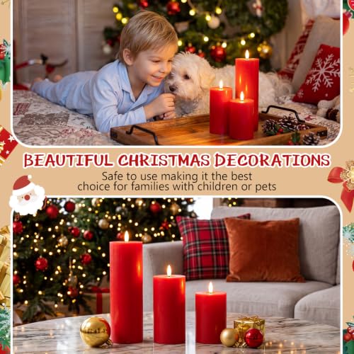 Image of 3 Pcs 6 /8 /12 Inches Thanksgiving Flameless LED Candles with Remote and 2 /4 /8h Timer Red Battery Operated Wax Flickering Candles for Christmas, Anniversaries, Holiday Parties Bedroom Decor