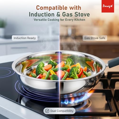 Image of Parage Stainless Steel Frying Pan 24 cm Deep Fry Pan, 1500ml Capacity, Induction & Gas Stove Compatible Cookware, Triply Bottom with Silicon Handle, for Kitchen Daily Use, 2 Years Warranty