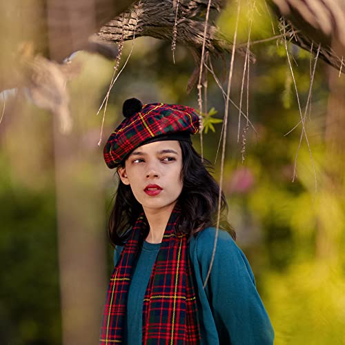Image of Scottish Tam O' Shanter Hat Tartan Bonnet Pom Pom Wool Flat Cap One Size