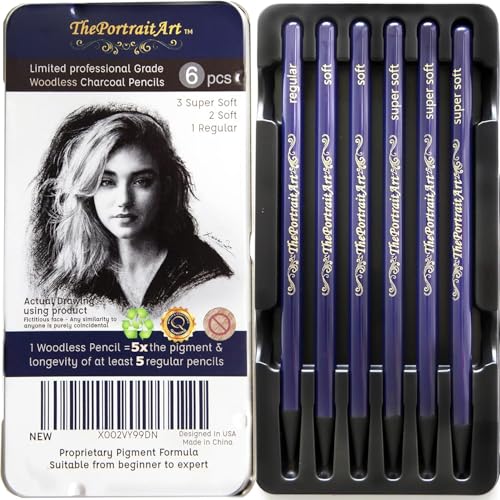 ThePortraitArt Artist Woodless Pure Charcoal Pencils - Ultra Soft and Dark – 6pc Set Equivalent to 28+ Regular Pencils – Smooth Consistency on All Drawing Papers