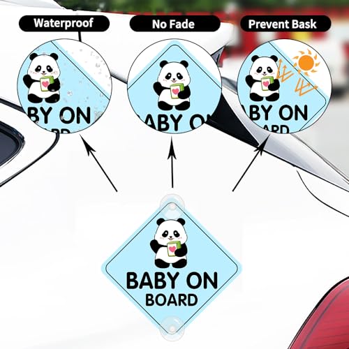 Image of 2PCS Panda Baby On Board Sticker for Cars, Cute Kids in Car Suction Cup Sign for Car Window Bumper Truck Auto Warning Decals (Suction Cup, Blue)
