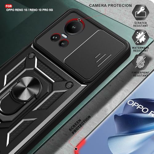 Image of AESTMO Oppo Reno 10 /10 Pro 5G Back Cover | Ring Holder & Sliding Camera Shield Cover | 360 Degree Protection Back Case Cover for Oppo Reno 10 /10 Pro 5G (Black)