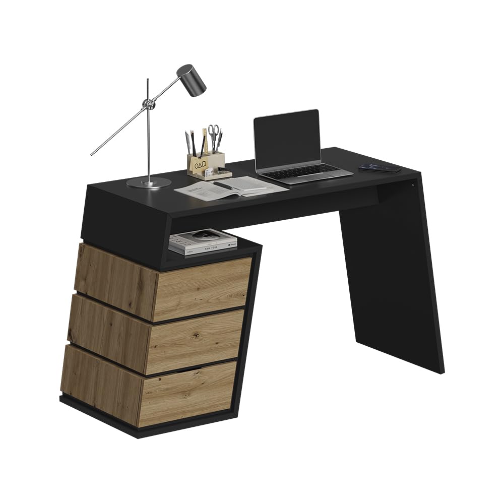 Vicco Bureau Okaro, Anthracite/chêne, 105x50cm avec 3 tiroirs, Convient comme Espace de Travail pour Le Bureau à Domicile ou la Chambre d’ado