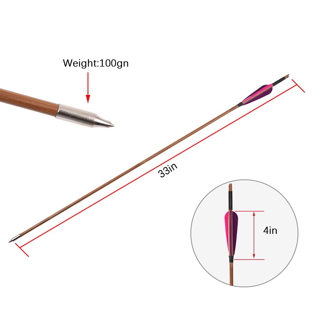 12 pz OD 7 mm 8 mm Frecce in Bambù 4 pollici Piuma di Tacchino Rosa Viola, OD 8 mm Freccia in Legno di Cedro con Piuma di Tacchino Gialla Lunghezza Dell'asta 33" per Tiro con L'arco Pratica Caccia