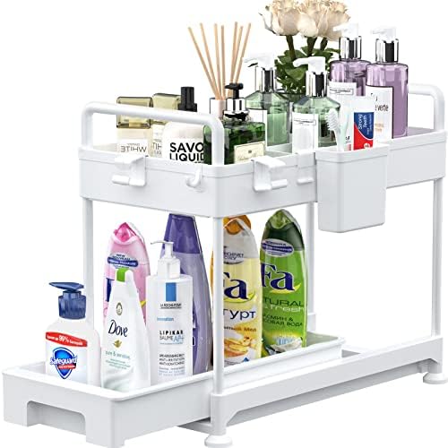 SOLEJAZZ 2-Tier Under Sink Organizer, Under Bathroom Sink Cabinet Organizers Sliding Under Sink Storage Organization, Multi-purpose Kitchen Cabinet Organizer Shelf with Hooks, Hanging Cup, White