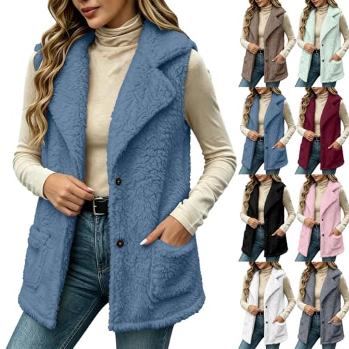 Aymnlox Vest for Women Fleece Fuzzy Sleeveless Lapel Jacket Button Down - image 1