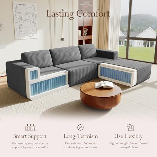 Image of Vesgantti 119 inch L-Shaped Modular Sectional Sofa, Corduroy Cloud Couch with Deep Seating & Spring Support, Flexible Layout Sofa with Ottoman, Boneless Style, No Assembly Required, Grey