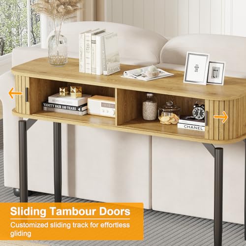 GarveeHome Fluted Console Table with Storage,Wood Sofa Table with Sliding Door,Entryway Table with Storage Space for Living Room,Couch,Hallway,Foyer,Oak
