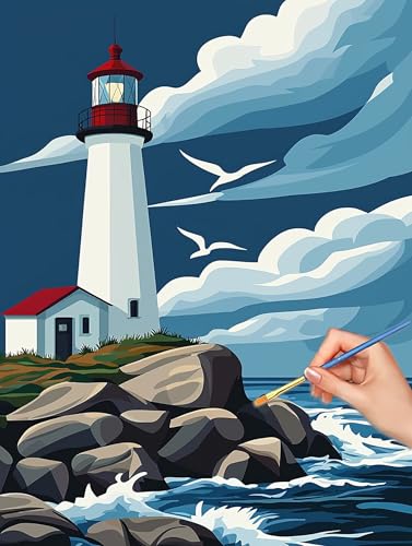 Lighthouse Paint by Numbers for Adults, DIY Paint by Numbers Landscape, Painting by Number for Adults Beginners, Canvas Kits wit