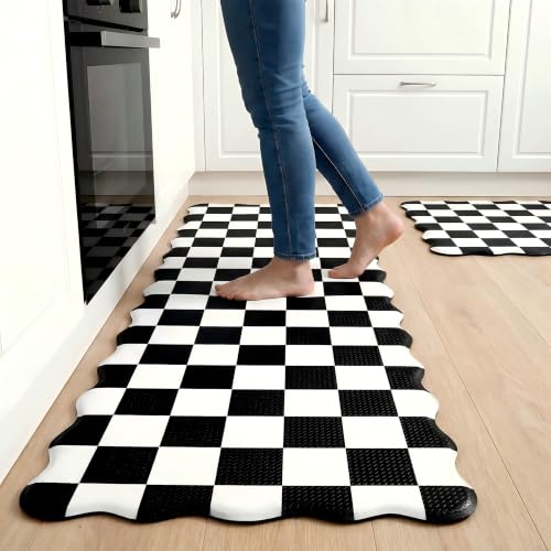 VivaNest Scalloped Black Checkered Grid Checkerboard Kitchen Rug Sets [2 PCs], Anti-Fatigue, Waterproof Non-Slip Kitchen Mats Heavy Duty Ergonomic Comfort Foam Rug for Floor, Laundry,17"x29"+17"x47"