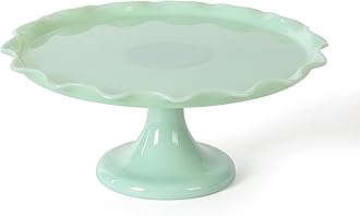 Martha Stewart Highbrook 11" Jadeite Glass Cake Stand – Handmade Vintage-Style Dessert Stand with Ruffle Trim, Decorative Pedestal Cake Plate for Display & Serving