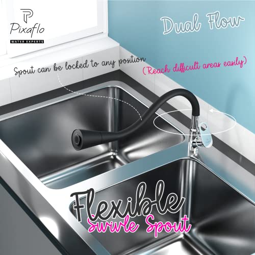Image of Pixaflo Brass Swan Neck Tap with 360-degree Swivel Black Flexible Silicone Swivel Spout for Kitchen Sink and Wash Basin, Dual Flow (Curio)