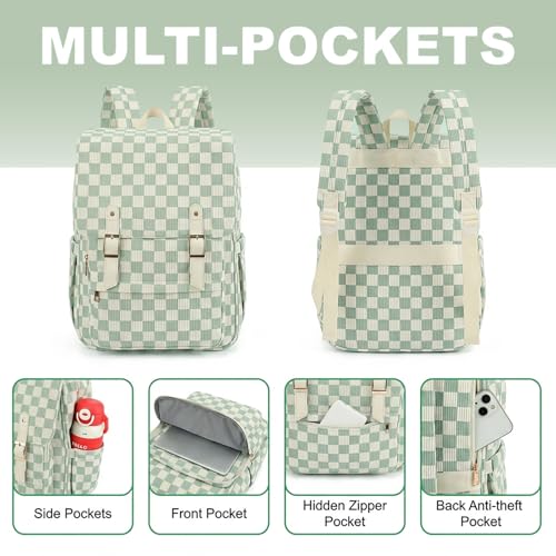 Image of Women Laptop Backpack, Corduroy 15.6 inch Travel Backpack for Work College Business, Teacher Nurse Bag with Large Capacity School Bookbag Bags for Girls - Checkered Matcha Green