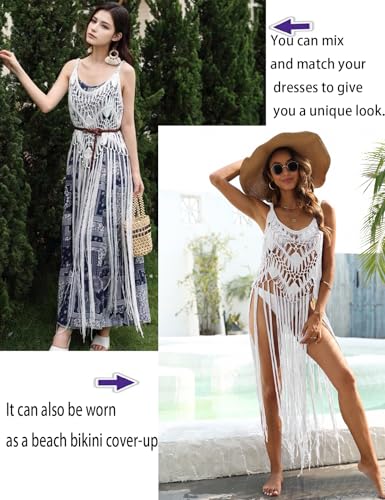 Women's Hippie Beach Swimsuit Cover Up Sexy Crochet Bikini Cover Summer Pool Swimwear Tassel Dresses3