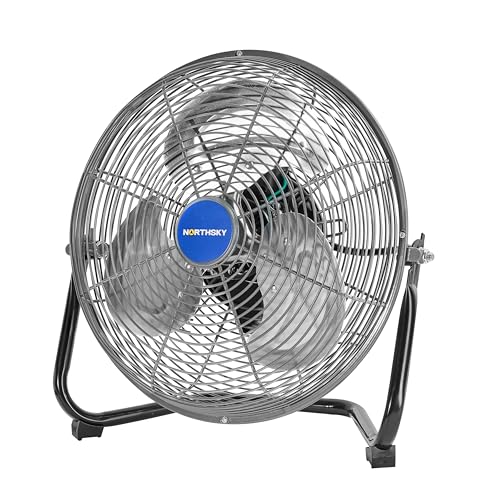 NORTHSKY 12IN Heavy Duty Floor Fan, 1,200 CFM Industrial Airflow Fan, 110° Head Hit, 3 Speeds, Durable Steel Safety Grille, 1/12 HP, for Manufacture, Construction, Warehousing