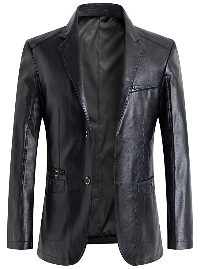 Men's Casual Notched Collar 2 Button Slim Moto Faux Leather Blazer Suit Jacket-Black-picture-26