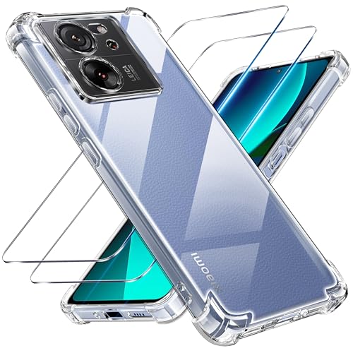 Tentoki Funda para Xiaomi 13T / 13T Pro, Carcasa Protectora con Cojín de Aire Esquina Integrado, 2 Piezas Cristal Vidrio Templado, Antiarañazos, Antichoque, Anti-Amarillo, Transparente