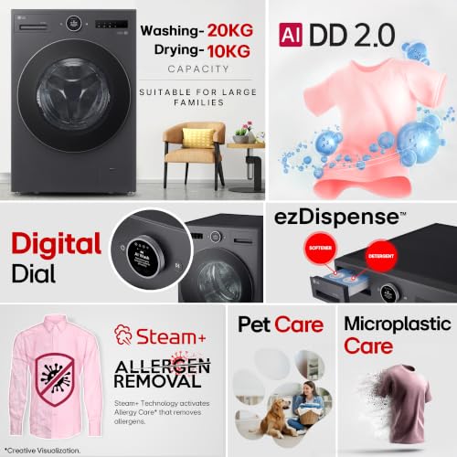 Image of LG 20 Kg(Wash) /10 Kg(Dry), AI DD Technology, Steam+ with Wrinkle Care, 6 Motion DD & Wi-Fi Front Load Fully Automatic Washer Dryer (FDX92010A9K, Digital Dial, Microplastic Care, Pet Care, Matte Black)
