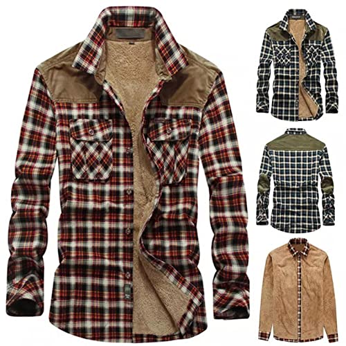 Mens Warm Hooded Flannel Shirt Plaid Padded Jackets Heavyweight Thermal Lined Button Down Jackets Outwear Coats Mens Hoodie