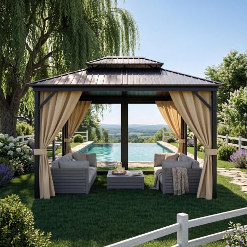 10 x 14 Heavy Duty Hardtop Gazebo for All Weather Galvanized Steel Double Roof Canopy with Netting & Curtains Ideal for Patio Backyard Deck & Lawn Gatherings