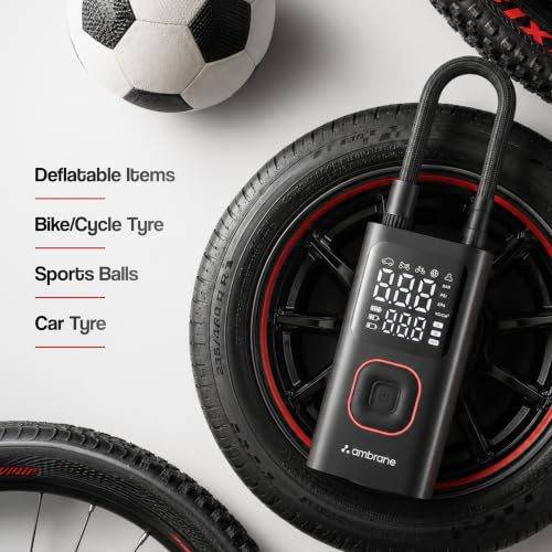 Image of Ambrane Portable & Rechargeable Tyre Inflator with 2-in-1 Cordless & Corded, Powerful 80W Motor, 150 PSI Pressure, 5200mAh Battery, Auto Shut-Off, Fast Charging for Car, Bike, Balls (Turbo+, Black)