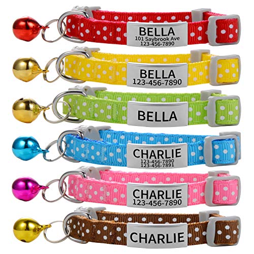 Custom Breakaway Cat Collars with Bell - Engraved Stainless Steel No Noise Slide-On Identification Tags On Collar - Up to 3 Lines of Personalized Text (Polka Dot Print)