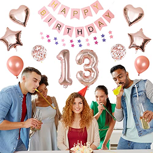 13. Verjaardagsdecoratie roségouden ballonnen 13 jaar verjaardag meisje jongen Happy Birthday slinger, grote cijfers 13… - Afbeelding 6