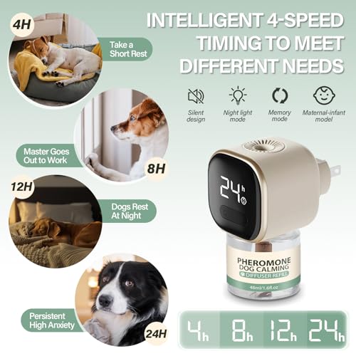 Image of Dog Calming Pheromones Diffuser 6 in 1 Appeasing Relaxing Diffuser with Timing Function Pet Kit (3 Plug in +3 Refill 48ml) for Anxiety Relief Reduce Aggression Barking Fighting Stress (Tasteless)