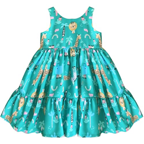 Image of Stanwells Kids Baby Girls Off-White Animal Print Cotton Rayon Knee-Length Frock | Sleeveless Summer Dress with Lion Print & Flared Back Zipper (6 Months-7 Years)