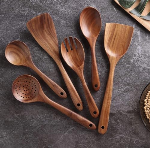 Image of Natural Wooden Spoon & Spatula Set for Cooking, Frying, Serving, Mixing, Turner, Ladle | 6 Pieces | Non Sticky | Heat-Resistant | Ecofriendly | No Polish, Chemical & BPA Free