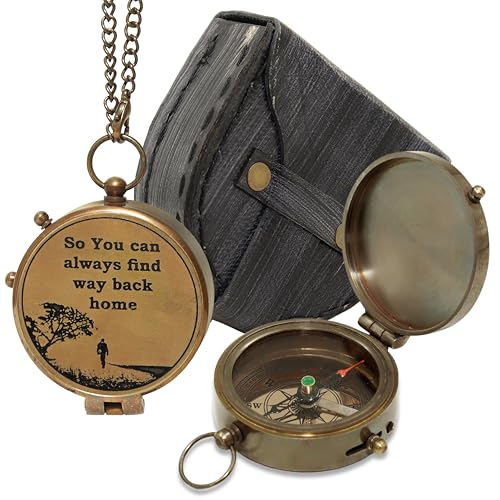Antique Handmade Brasss Pocket Compass -So You Can Always Find Way Back Home with Leather Case - Wedding Anniversary, First Communion, Confirmation, Baptism & Retirement Gifts