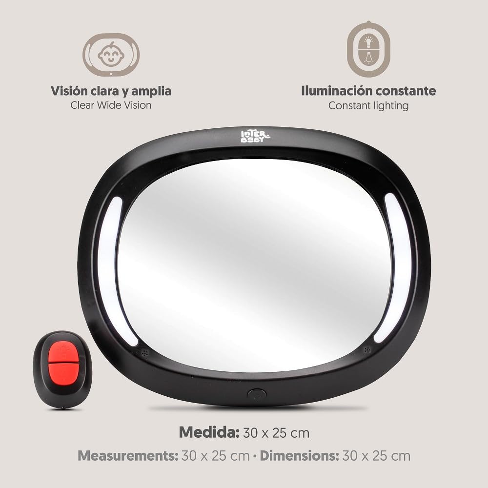 Interbaby Specchio auto per seggiolino posteriore con luci Led e telecomando, Nero