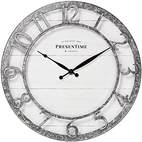 PresenTime & Co 13" Farmhouse Series Wall Clock, Quartz Movement, Shiplap Style,Raised 3D Arabic Numeral, Galvanized Finish