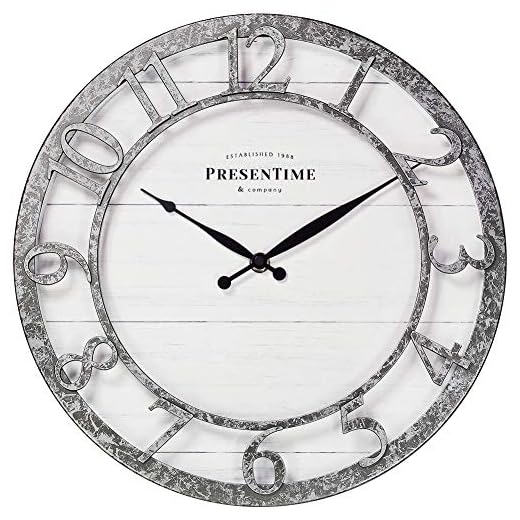Presentime & Co 13" Farmhouse Series Wall Clock, Quartz Movement, Shiplap Style,Raised 3D Arabic Numeral, Galvanized Finish